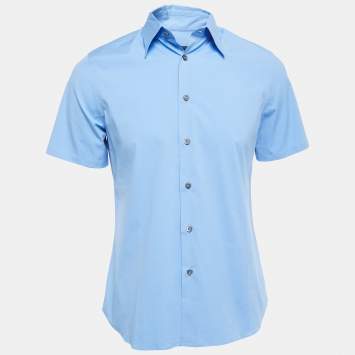 Pre Owned Prada Blue Cotton Button Front Half Sleeve Shirt M