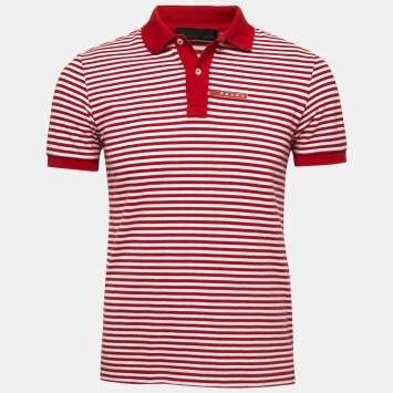 Pre Owned Prada Red Striped Cotton Pique Polo T-Shirt M