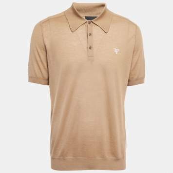 Pre Owned Prada Camel Brown Cashmere Logo Embroidered Polo T-Shirt XXL