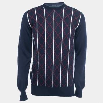 Pre Owned Prada Navy Blue Patterned Wool Crew Neck Pullover XXL
