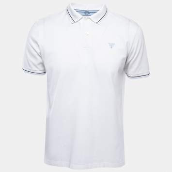 Pre Owned Prada White Logo Embroidered Cotton Pique Polo T-Shirt L