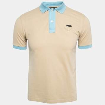 Pre Owned Prada Beige/Blue Cotton Pique Polo T-Shirt M