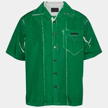 Pre Owned Prada Green Printed Cotton Bowling Shirt L