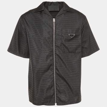 Pre Owned Prada Black Re-Nylon Logo Plaque Bowling Shirt M