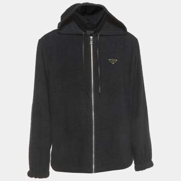 Pre Owned Prada Black Terry Cotton Logo Plaque Hooded Jacket L