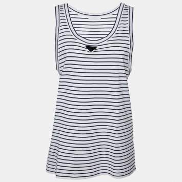 Pre Owned Prada White/Blue Striped Cotton Logo Detail Sleeveless T-Shirt XL
