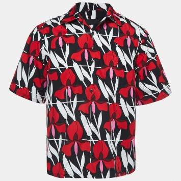Pre Owned Prada Red/Black Floral Print Cotton Short Sleeve Shirt L