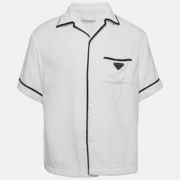 Pre Owned Prada White Terry Cotton Logo Detail Bowling Shirt L