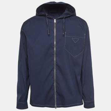 Pre Owned Prada Navy Blue Stretch Cotton Hooded Shirt XS