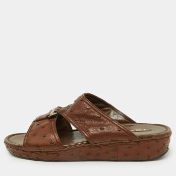 Pre Owned Prada Brown Ostrich Leather Flat Sandals Size 44