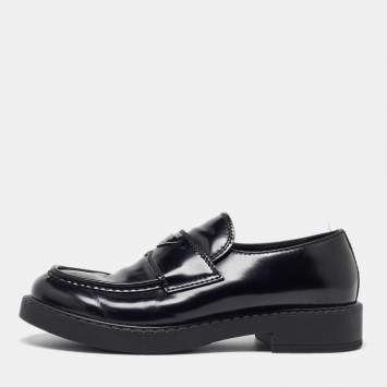 Pre Owned Prada Black Brushed Leather Slip On Loafers Size 44