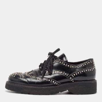 Pre Owned Prada Black Leather Embellished Lace Up Brogues Oxfords Size 36