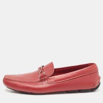 Pre Owned Prada Dark Red Leather Buckle Loafers Size 42
