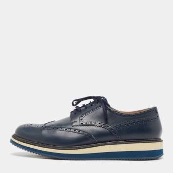 Pre Owned Prada Blue Brogue Leather Lace Up Derby Size 44.5