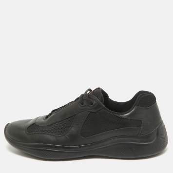 Pre Owned Prada Black Leather and Mesh Lace Up Sneakers Size 42
