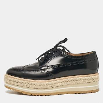Pre Owned Prada Black Brogue Leather Wingtip Espadrille Platform Derby Sneakers Size 42