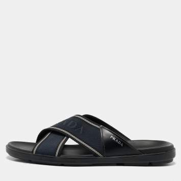Pre Owned Prada Blue Leather and Canvas Logo Tape Crisscross Slides Size 43
