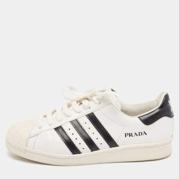 Pre Owned Prada X Adidas White/Black Leather Superstar Lace Up Sneakers Size 40