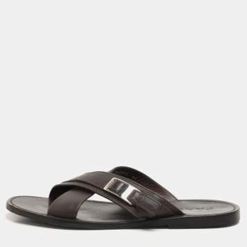 Prada Brown Leather Crisscross Slide Sandals Size 43.5