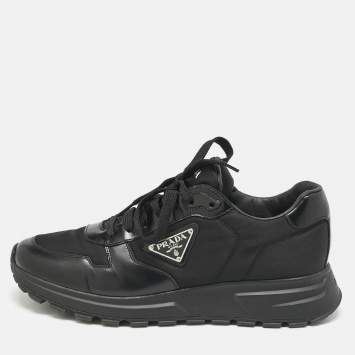 Prada Black Leather and Nylon Triangle Logo Low Top Sneakers Size 42