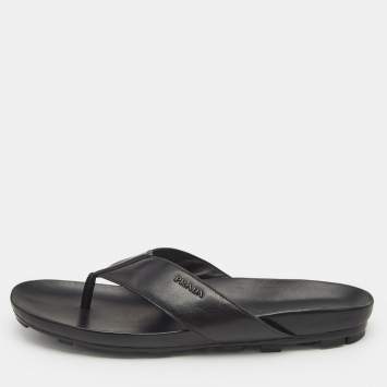 Prada Black Leather Thong Flat Sandals Size 46