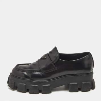 Pre Owned Prada Black Brushed Leather Monolith Loafers Size 42