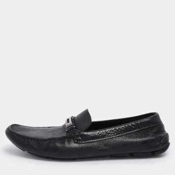 Pre Owned Prada Black Leather Logo Slip On Loafers Size 46