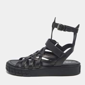 Prada Black Leather Gladiator Flat Sandals Size 40