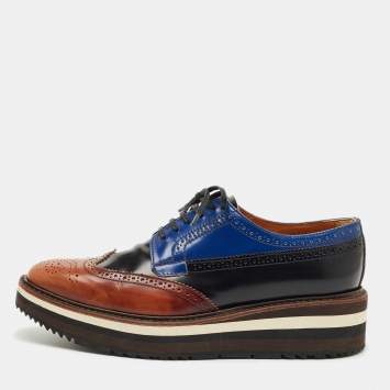 Pre Owned Prada Tricolor Brogue Leather Derby Lace Up Sneakers Size 39.5