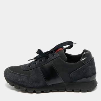 Pre Owned Prada Black/Navy Blue Canvas and Leather Match Racer Lace Up Sneakers Size 39.5