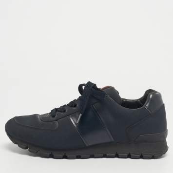 Pre Owned Prada Blue/Black Canvas and Leather Lace Up Sneakers Size 39.5