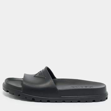 Pre Owned Prada Black Rubber Flat Pool Slide Size 45