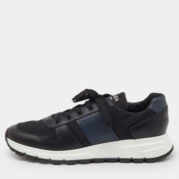 Pre Owned Prada Black/Navy Blue Leather and Nylon Lace Up Sneakers Size 44
