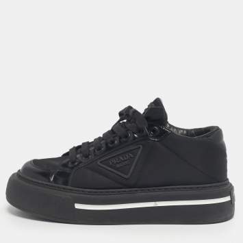 Pre Owned Prada Black Leather And Nylon Deri Erkek Lace Up Sneakers Size 40.5