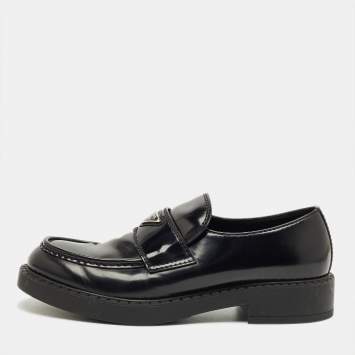 Pre Owned Prada Black Brushed Leather Slip On Platform Loafers Size 44.5