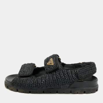 Pre Owned Prada Size 41 Black Woven Straw Slingback Flat Sandals