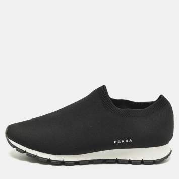 Pre Owned Prada Size 44 Black Knit Fabric Slip On Sneakers