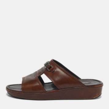 Pre Owned Prada Size 42 Brown Leather Double Strap Flat Sandals