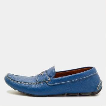 Pre Owned Prada Size 41 Blue Leather Logo Slip On Loafers