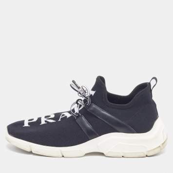 Pre Owned Prada Size 40 Black Knit Fabric and Leather Logo Low Top Sneakers