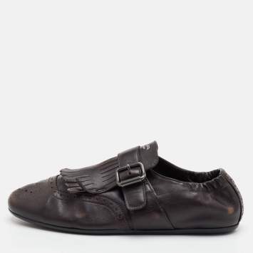 Pre Owned Prada Shuffle Fringed Size 40 Dark Brown Leather Single Flap Monk Strap Shoes