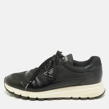 Pre Owned Prada 01Re-Nylon Size 45 Black Leather and Nylon Lace Up Sneakers