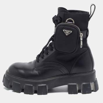 مملوكة مسبقًا Prada Monolith Size 40.5 Black Nylon Ankle Length Boots