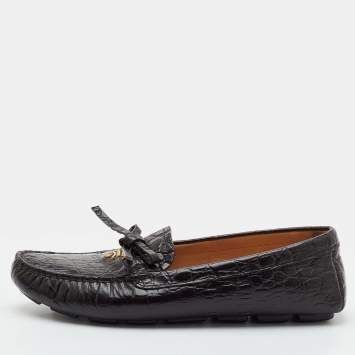 Pre Owned Prada Size 37 Dark Brown Croc Embossed Leather Bow Slip On Loafers
