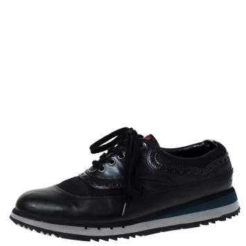 Pre Owned Prada Black Leather And Mesh Lace Up Sneakers Size 42.5