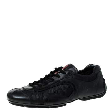 Pre Owned Prada Black Leather and Mesh Lace Up Sneakers Size 41