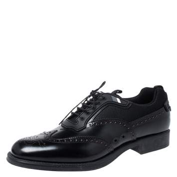 Pre Owned Prada Black Brogue Leather and Mesh Lace Up Derby Sneakers Size 44
