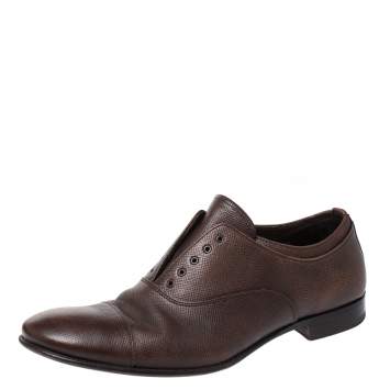 Pre Owned Prada Brown Leather Elastic Slip On Oxfords Size 41.5