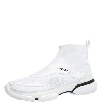 Pre Owned Prada White Knit Fabric And Rubber High Top Slip On Sneakers Size 41.5