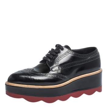 Pre Owned Prada Black Brogue Leather Wave Wingtip Platform Derby Sneakers Size 37.5